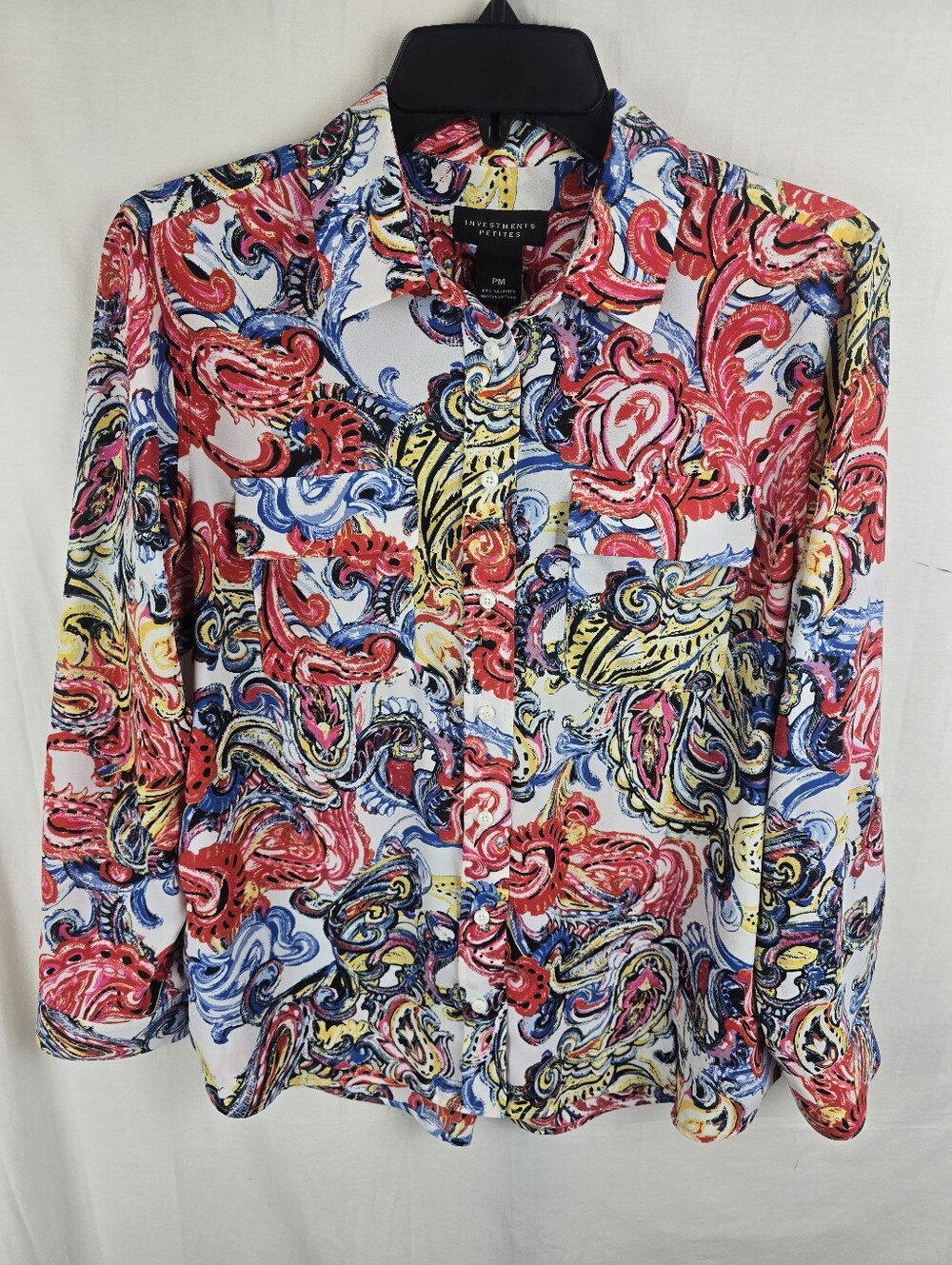 Investments Petite Vibrant Paisley Long Sleeve Button-Up MultiColor Blouse Sz PM